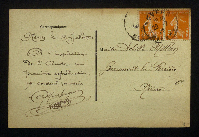 Faïence de Nevers - G. MONTAGNON - Bouteille offerte par le Nivernais à son poète Achille MILLIEN - Composition, forme et décor de G. Montagnon