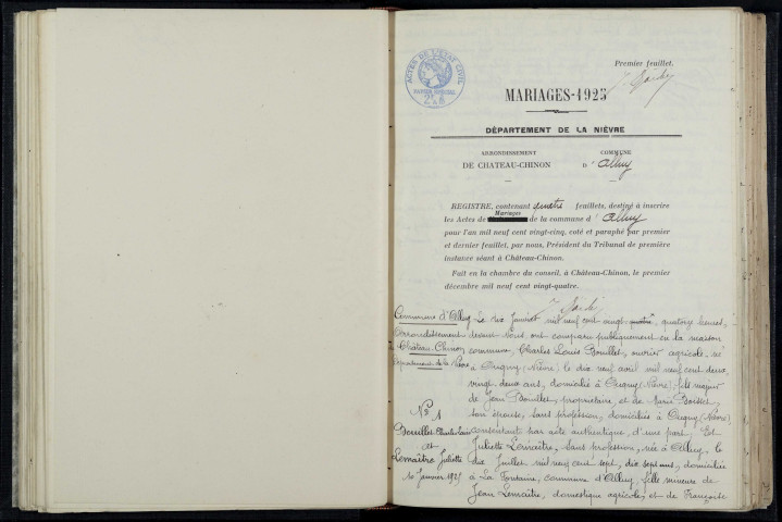 Alluy : actes d'état civil.