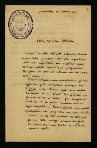 BRISSET (Louis), curé de Bressolles (Allier) : 2 lettres, manuscrit.