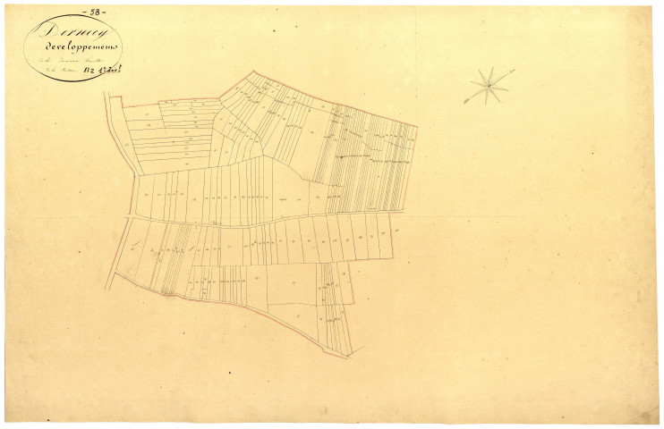 Dornecy, cadastre ancien : plan parcellaire de la section B dite de Vauxfilloux, feuille 2, développement 1