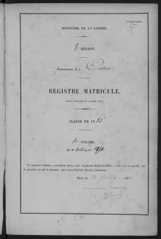 Bureau de Cosne, classe 1885 : fiches matricules n° 1466 à 1954