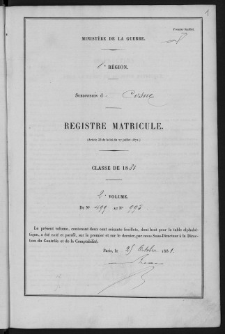 Bureau de Cosne, classe 1881 : fiches matricules n° 499 à 995