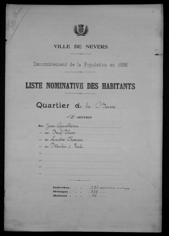 Nevers, Quartier de la Barre, 16e section : recensement de 1936