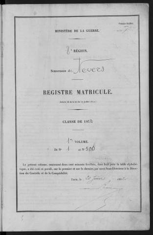 Bureau de Nevers, classe 1882 : fiches matricules n° 1 à 500