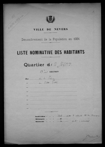 Nevers, Quartier de la Barre, 17e section : recensement de 1931