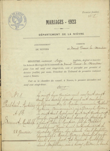 Saint-Pierre-le-Moûtier : actes d'état civil (mariages).