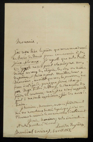 VEYRIÈRES (Louis de), poète à Beaulieu (Corrèze) (né en 1819), membre de l'Académie des jeux Floraux, rédacteur au Rosier de Marie : 51 lettres, manuscrits.