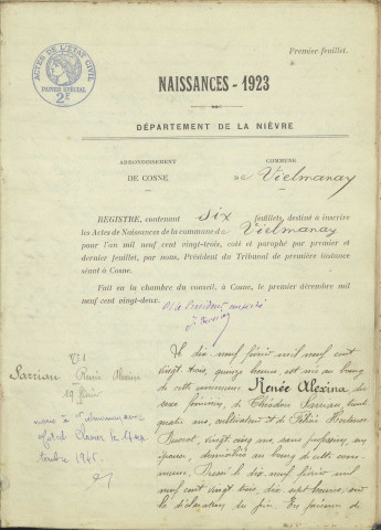 Vielmanay : actes d'état civil.