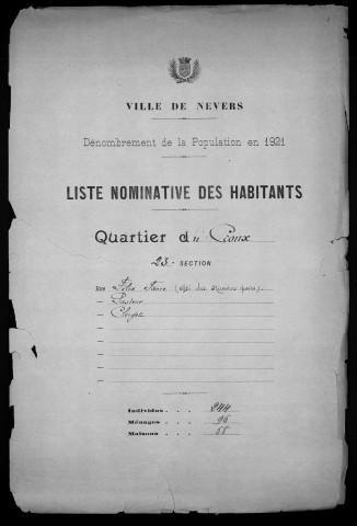 Nevers, Quartier du Croux, 23e section : recensement de 1921