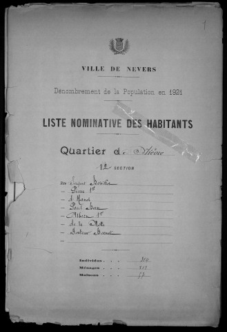 Nevers, Quartier de Nièvre, 12e section : recensement de 1921