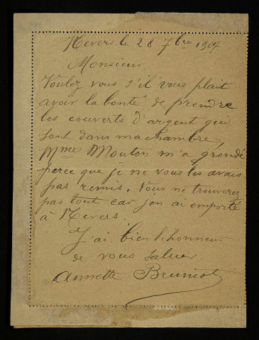 BRUNIOT (Annette), domestique à Nevers : 1 lettre.