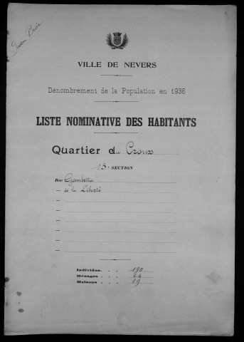 Nevers, Quartier du Croux, 13e section : recensement de 1936
