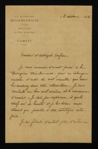 CRÉPIN-LEBLOND (Marcellin), directeur de La Quizaine Bourbonnaise, à Moulins (1867-1927) : 2 lettres.