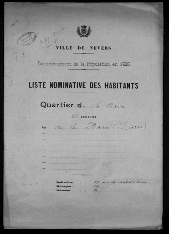 Nevers, Quartier de la Barre, 5e section : recensement de 1926