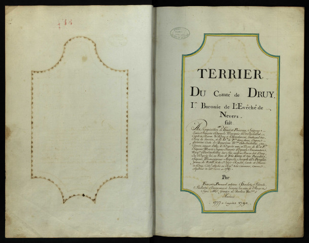 Fief de Druy : terrier reçu par Grenot, notaire à Decize, avec table nominative.