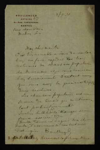 BOULLENGER, notaire à Melun : 1 lettre.
