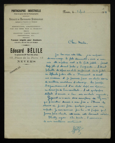 BÉLILE (Édouard), photographe à Nevers (1879-1960) : 1 lettre.