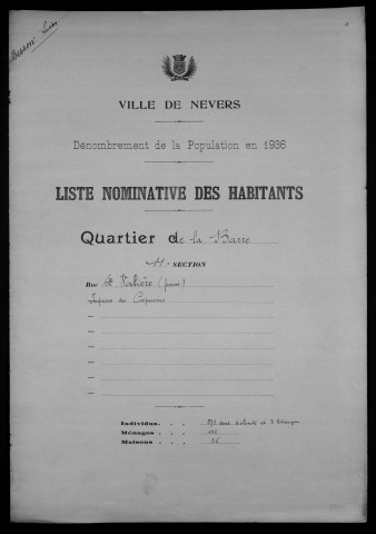 Nevers, Quartier de la Barre, 11e section : recensement de 1936