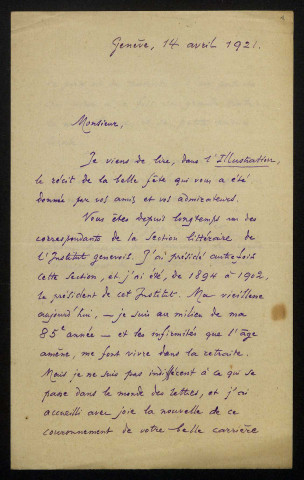 RITTER (Eugène), professeur à Genève (1836-1928) : 1 lettre.