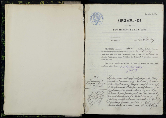 Colméry : actes d'état civil.