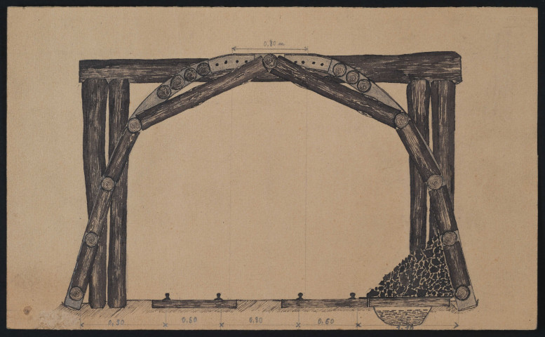 Cadre 3 branches, fer I avec poussardage en bois.