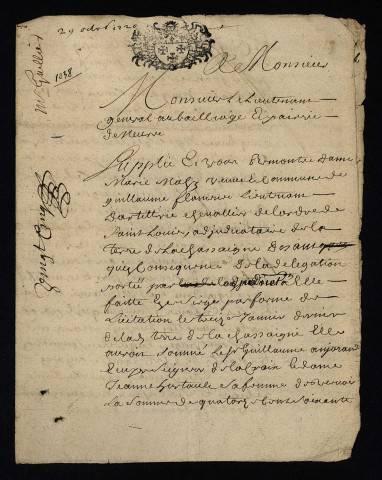 Contentieux (procédure civile). - Obligation Le Bègue, assignation par la veuve du lieutenant d'artillerie [Flament] adjudicataire de la terre de La Chassaigne contre Anjorand et Hurtault sa femme : document de requête.