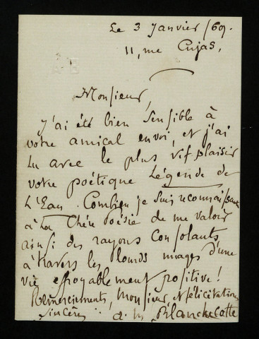 BLANCHECOTTE (Augustine-Malvina Souville), poétesse (1830-1897) : 4 lettres.