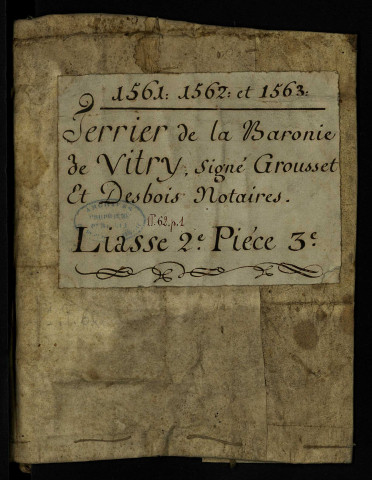 Terrier de la seigneurie de Vitry, reçu par Jean Desbois et Gilbert Grousset, notaires à Bourbon-Lancy, pour Gaspard de Saulx de Tavannes, lieutenant général au duché de Bourgogne, et Jeanne de La Baulme, sa femme, Louis de La Fayette et Anne de Vienne, sa femme, Antoine de Vienne, dit de Bauffremont, Claude et Jean de Bauffremont.