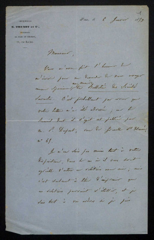 THUNOT (E.), imprimeur à Paris : 1 lettre.