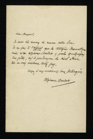 DAUDET (Alphonse), écrivain (1840-1897) : 1 lettre, 1 copie de lettre.