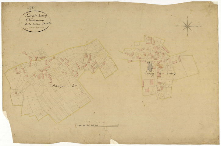 Lurcy-le-Bourg, cadastre ancien : plan parcellaire de la section D dite du Bourg, feuille 2, développement