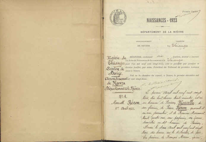 Thianges : actes d'état civil.