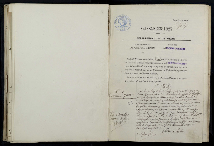 Moulins-Engilbert : actes d'état civil.