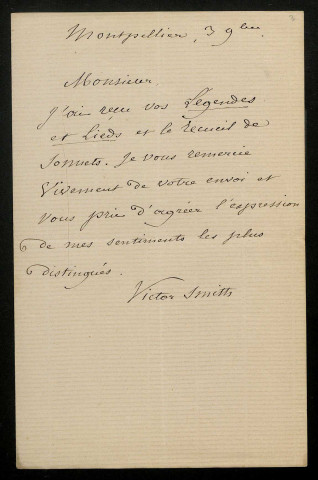 SMITH (Victor), folkloriste, à Montpellier (1826-1882) : 2 lettres.