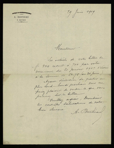 BERTHIAUD (A.), banquier à Nevers : 2 lettres.
