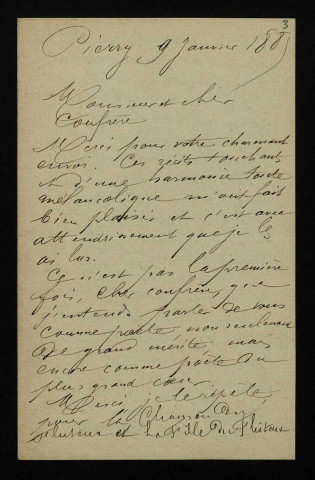 BOURGEOIS (Armand), écrivain à Pierry (Marne) (1841-1911) : 4 lettres.