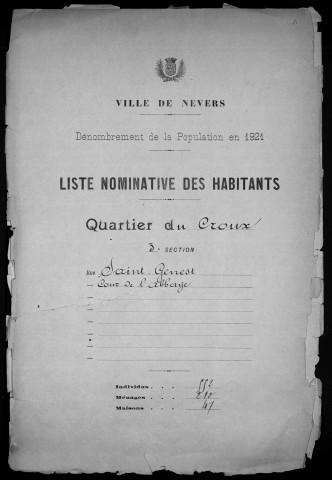 Nevers, Quartier du Croux, 3e section : recensement de 1921