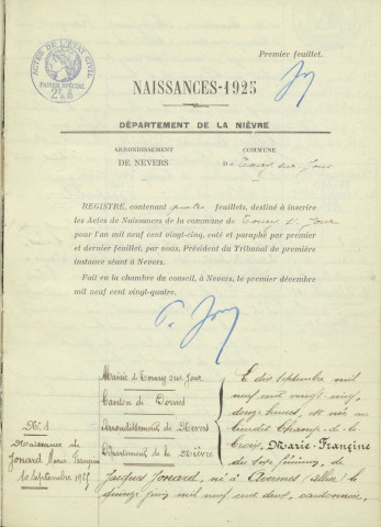 Toury-sur-Jour : actes d'état civil.