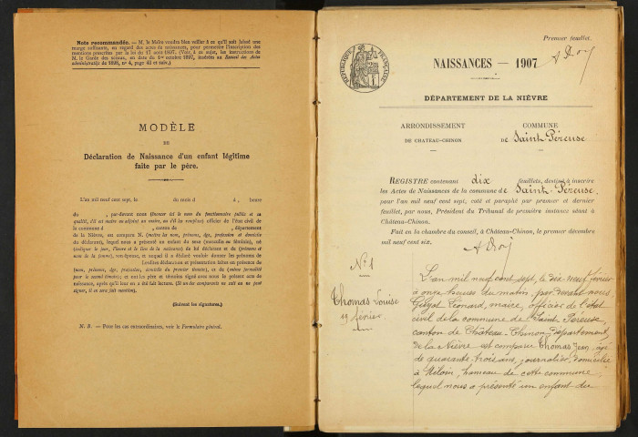 Saint-Péreuse : actes d'état civil.