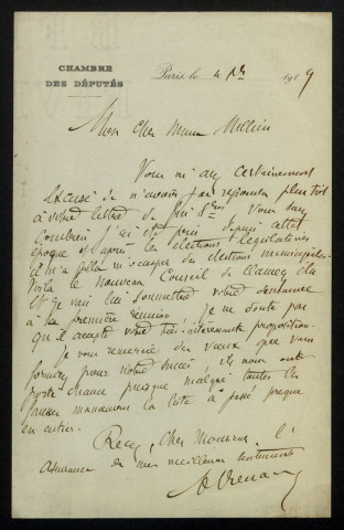 RENARD (André), député de la Nièvre (né en 1861) : 1 lettre.