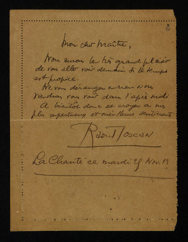 BRUN (Charles), dit Raoul Toscan, écrivain et bibliothécaire à Nevers (1884-1946) : 2 lettres
