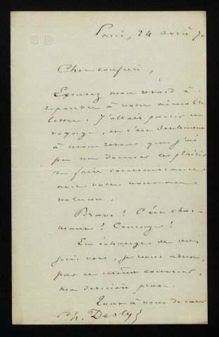 DESLYS (Charles), écrivain (1821-1885) : 2 lettres.