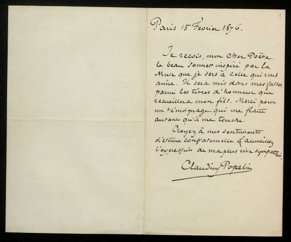POPELIN (Claudius), écrivain (1825-1892) : 4 lettres.