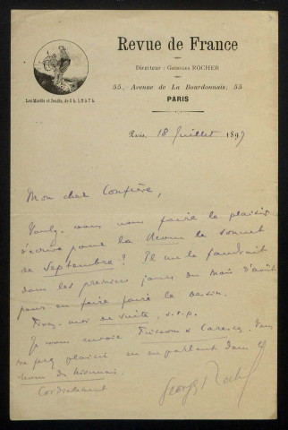ROCHER (Georges), directeur à la Revue de France : 4 lettres.