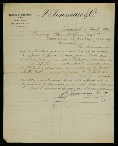 JONNEAU (Fernand), négociant à Bordeaux : 1 lettre.