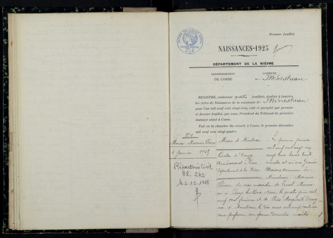 Menestreau : actes d'état civil.