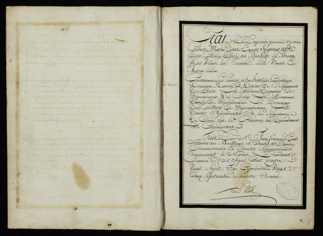 Gilbert-Marie Pinet, écuyer seigneur des Écots, Chouy, partie des Barbets, la Brosse, des Urlins, la Tranche, les Ulmes et autres lieux : état de ses propriétés dressé par Jean-François Paul notaire au bailliage et comté de Prémery.