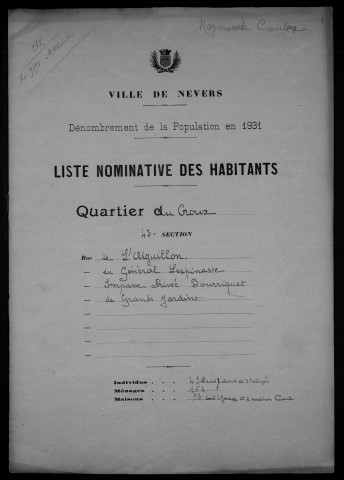 Nevers, Quartier du Croux, 43e section : recensement de 1931