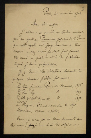 TIERSOT (Julien), folkloriste (1857-1936) : 13 lettres.