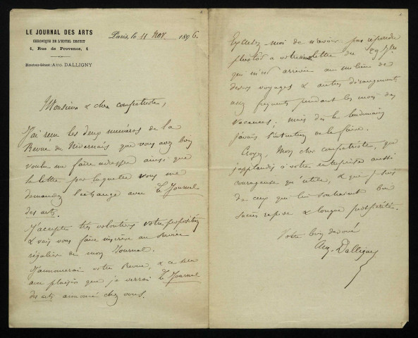 DALLIGNY (Auguste), directeur du Journal des Arts (1831-1915) : 7 lettres.